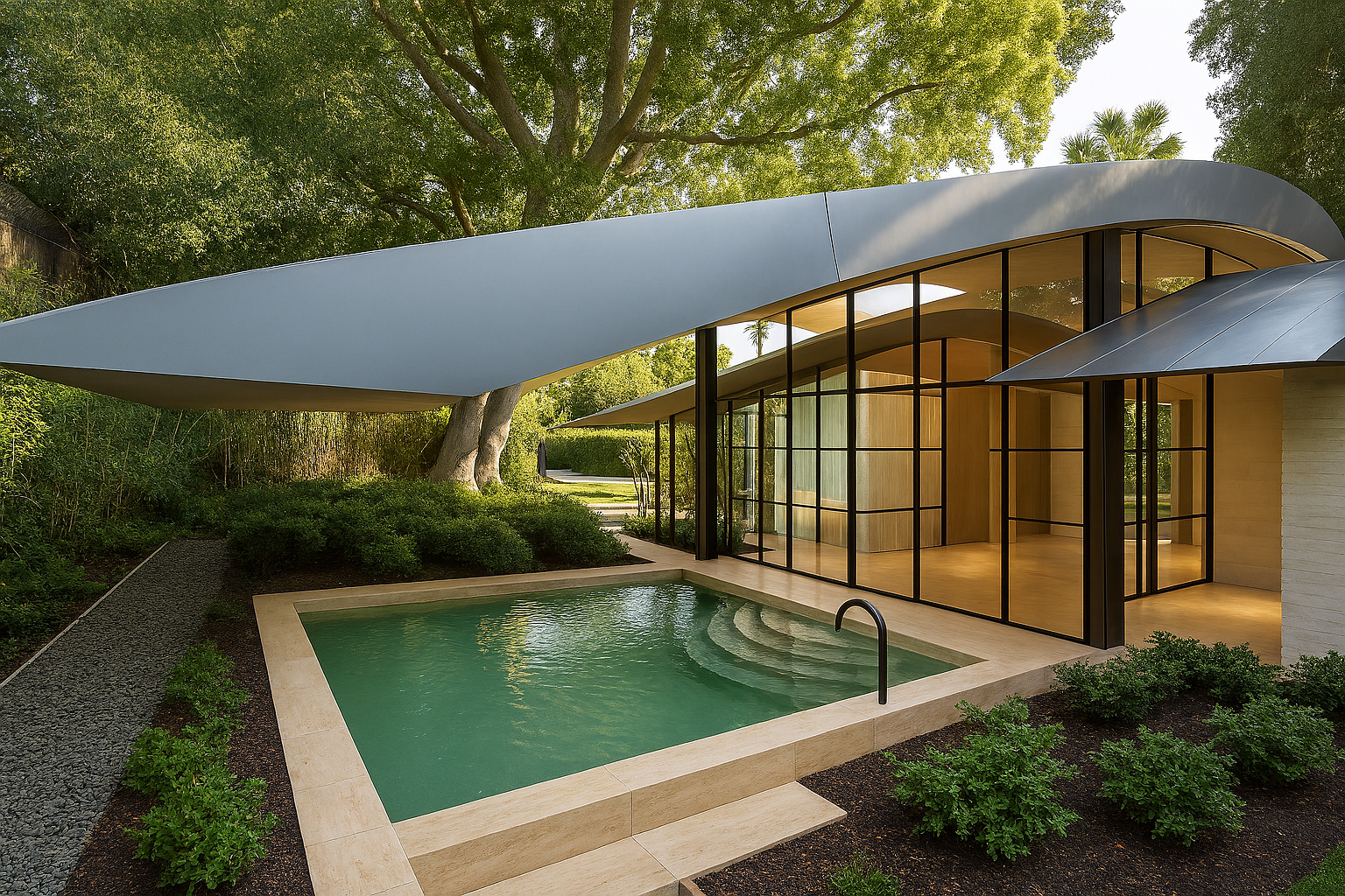 Cantilevered roof over back pool